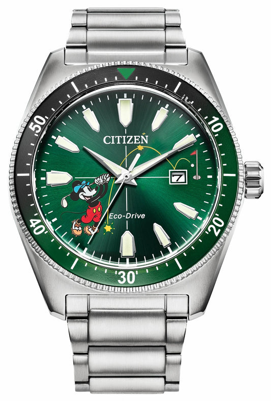 Citizen Best Price - Tee Time Mickey Green Dial Stainless Steel Bracelet AW1595-78W