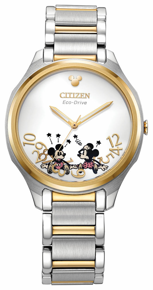 Citizen Best Price - Falling Mickey & Minnie Silver-Tone Dial Stainless Steel Bracelet EM0754-59W